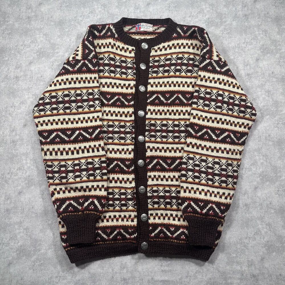 Vintage Norway Design Hand Knit Button Cardigan Sweater 100% Wool Size L